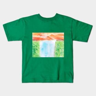 Landscape with waterfall and birds, beautiful nature. Encaustic, art decoration, sketch. Kids T-Shirt